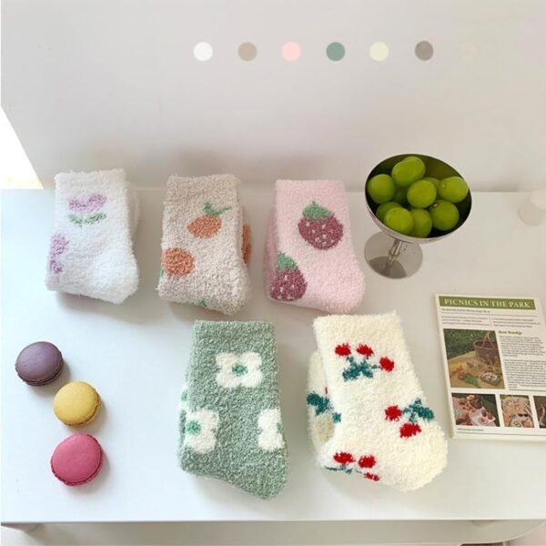 5 Pair Cute Floral Fuzzy Socks, Women Fluffy Slippers, Cottagecore Winter Thick Cozy Vintage Long Socks