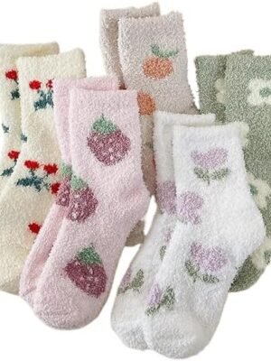 5 Pair Cute Floral Fuzzy Socks, Women Fluffy Slippers, Cottagecore Winter Thick Cozy Vintage Long Socks