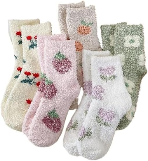 5 Pair Cute Floral Fuzzy Socks, Women Fluffy Slippers, Cottagecore Winter Thick Cozy Vintage Long Socks