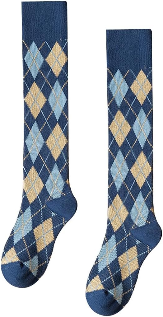 Womens Girls Knee High Socks Green Black Navy Blue Khaki Coffee Vintage Argyle Novelty Socks