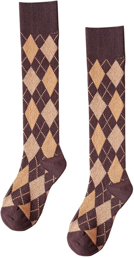 Womens Girls Knee High Socks Green Black Navy Blue Khaki Coffee Vintage Argyle Novelty Socks