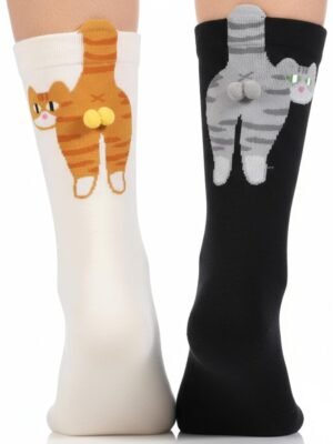 2 Pairs Cute Cat Socks with Balls, Novelty Funny Animal Crew Cats Sock Personalized Fun Hilarious Cotton Cat Socks for Women Men Cats Lovers Gift