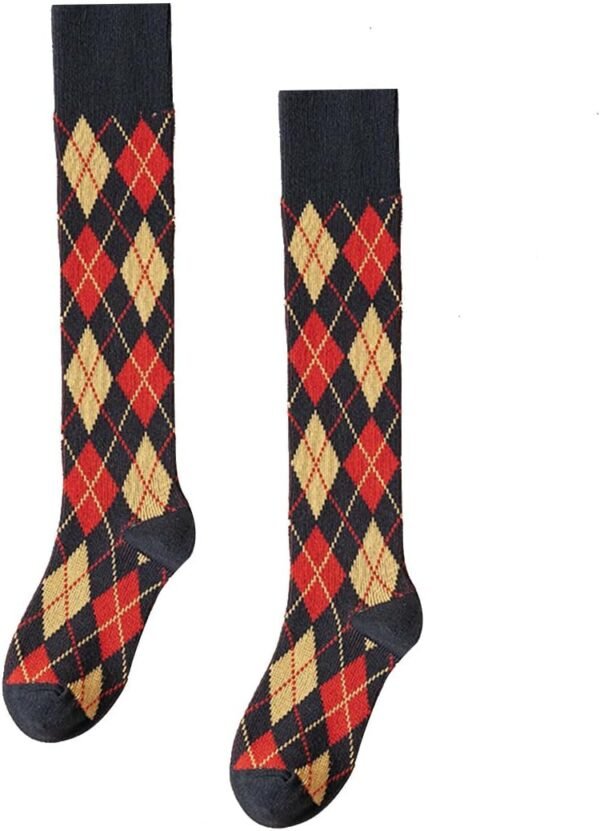 Womens Girls Knee High Socks Green Black Navy Blue Khaki Coffee Vintage Argyle Novelty Socks