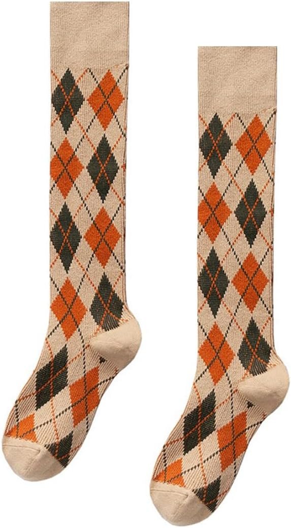 Womens Girls Knee High Socks Green Black Navy Blue Khaki Coffee Vintage Argyle Novelty Socks