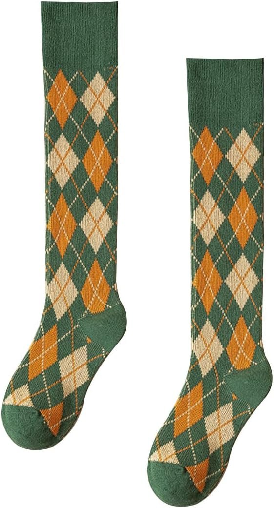 Womens Girls Knee High Socks Green Black Navy Blue Khaki Coffee Vintage Argyle Novelty Socks