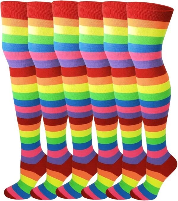 6 Pairs Pack Women Multi Neon Color Fancy Design Thigh High Over the Knee Socks Stockings