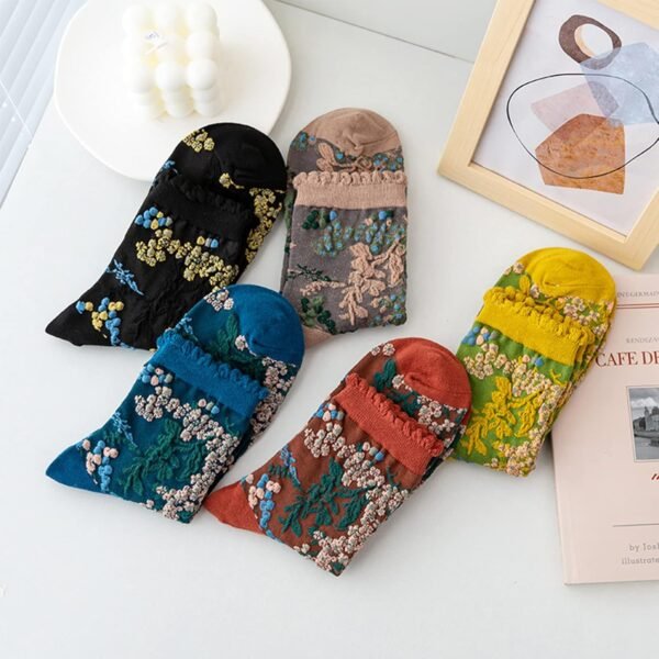5 Pairs Womens Floral Cotton Socks Vintage Patterned Crew Socks Novelty Ankle Ruffled Warm Casual Dress Socks