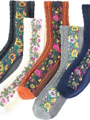 5 Pairs Women's Floral Design Vintage Crew Socks Ethnic Jacquard Knit Set, Red, Grey, Blue, White, Black