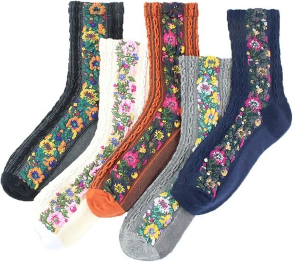718VKK5ej7L._AC_SL1500 5 Pairs Women's Floral Design Vintage Crew Socks Ethnic Jacquard Knit Set, Red, Grey, Blue, White, Black