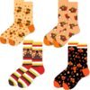 4 Pairs Thanksgiving Socks Novelty Funny Fall Turkey Socks,Cute Autumn Harvest Turkey Hedgehog Striped Pattern Maple Leaf Sock for Women Men Boy Girl Costume Holiday Gifts