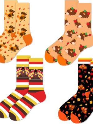 4 Pairs Thanksgiving Socks Novelty Funny Fall Turkey Socks,Cute Autumn Harvest Turkey Hedgehog Striped Pattern Maple Leaf Sock for Women Men Boy Girl Costume Holiday Gifts