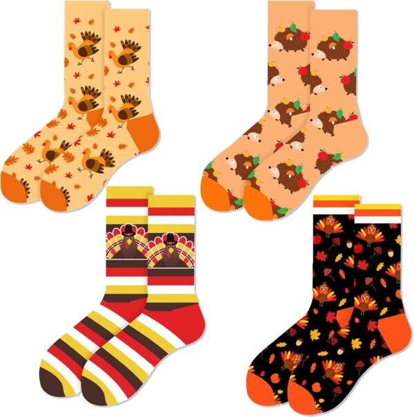 4 Pairs Thanksgiving Socks Novelty Funny Fall Turkey Socks,Cute Autumn Harvest Turkey Hedgehog Striped Pattern Maple Leaf Sock for Women Men Boy Girl Costume Holiday Gifts