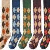 Womens Girls Knee High Socks Green Black Navy Blue Khaki Coffee Vintage Argyle Novelty Socks