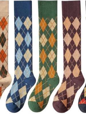 Womens Girls Knee High Socks Green Black Navy Blue Khaki Coffee Vintage Argyle Novelty Socks