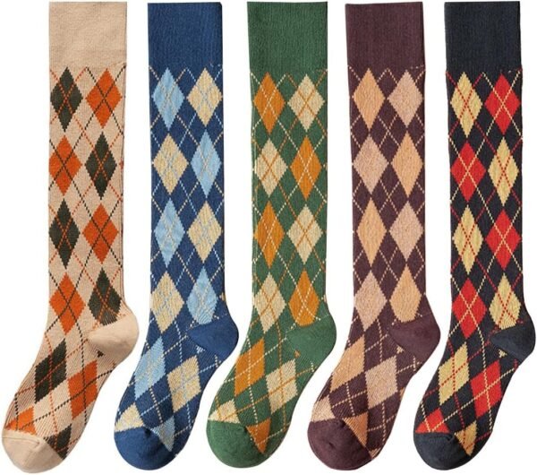 Womens Girls Knee High Socks Green Black Navy Blue Khaki Coffee Vintage Argyle Novelty Socks