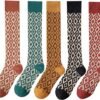 Womens Girls Knee High Socks Green Black Navy Blue Khaki Coffee Vintage Argyle Novelty Socks