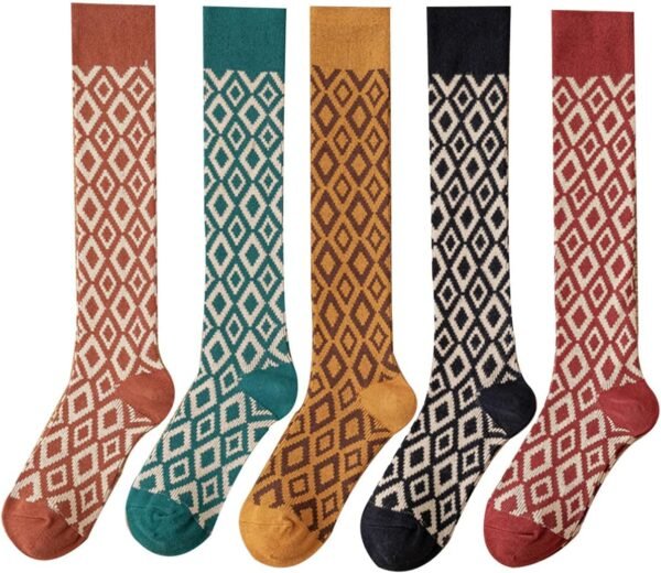 Womens Girls Knee High Socks Green Black Navy Blue Khaki Coffee Vintage Argyle Novelty Socks