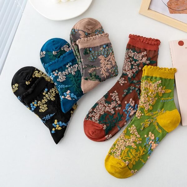 5 Pairs Womens Floral Cotton Socks Vintage Patterned Crew Socks Novelty Ankle Ruffled Warm Casual Dress Socks