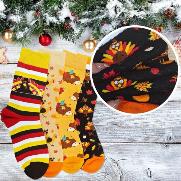 4 Pairs Thanksgiving Socks Novelty Funny Fall Turkey Socks,Cute Autumn Harvest Turkey Hedgehog Striped Pattern Maple Leaf Sock for Women Men Boy Girl Costume Holiday Gifts