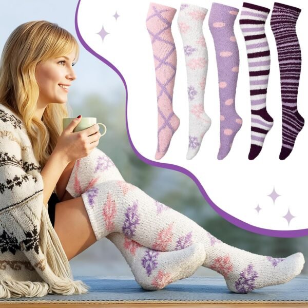 5 Pairs Women Thigh High Fuzzy Sock over Knee Long Stocking Christmas Coral Gift Warm Soft Winter