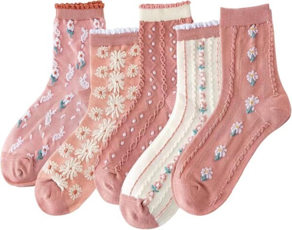 5 Pairs Womens Floral Cotton Socks Vintage Patterned Crew Socks Novelty Ankle Ruffled Warm Casual Dress Socks