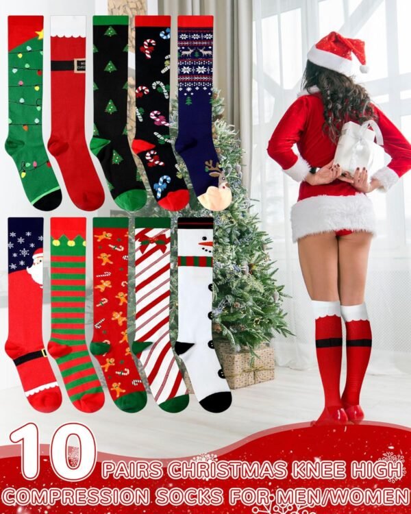 10 Pairs Funny Christmas Compression Socks for Women Men Holiday Gift for Nurses Running Travel Pregnancy