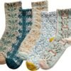 5 Pairs Womens Floral Cotton Socks Vintage Patterned Crew Socks Novelty Ankle Ruffled Warm Casual Dress Socks