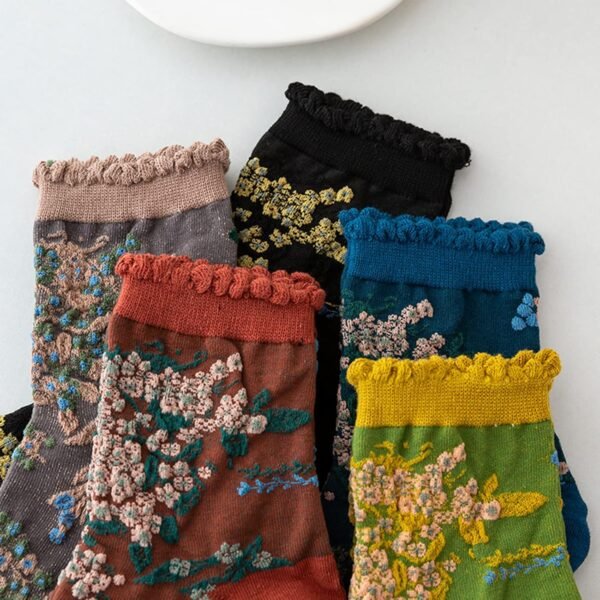 5 Pairs Womens Floral Cotton Socks Vintage Patterned Crew Socks Novelty Ankle Ruffled Warm Casual Dress Socks