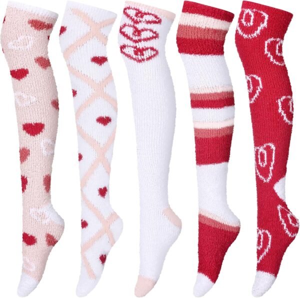 5 Pairs Women Thigh High Fuzzy Sock over Knee Long Stocking Christmas Coral Gift Warm Soft Winter