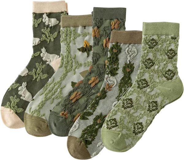 5 Pairs Womens Floral Cotton Socks Vintage Patterned Crew Socks Novelty Ankle Ruffled Warm Casual Dress Socks