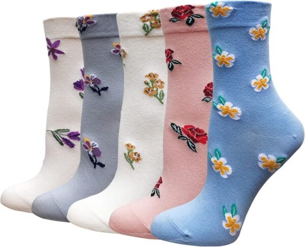 5 Pairs Womens Floral Cotton Socks Vintage Patterned Crew Socks Novelty Ankle Ruffled Warm Casual Dress Socks
