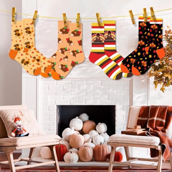 4 Pairs Thanksgiving Socks Novelty Funny Fall Turkey Socks,Cute Autumn Harvest Turkey Hedgehog Striped Pattern Maple Leaf Sock for Women Men Boy Girl Costume Holiday Gifts