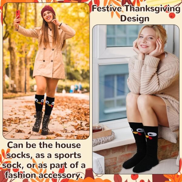2Pairs Thanksgiving Woven Knee-High Socks Turkey Socks Fun Turkey Trot Running Sock Thanksgiving Holiday Sock Novelty Fall stocking for Women Men Thank You Gift (Black)