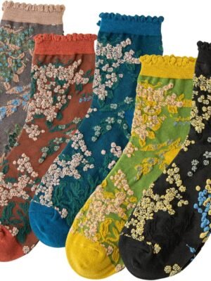 5 Pairs Womens Floral Cotton Socks Vintage Patterned Crew Socks Novelty Ankle Ruffled Warm Casual Dress Socks