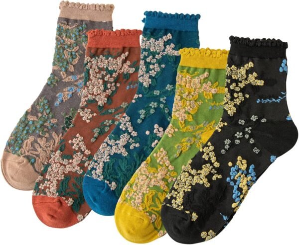 5 Pairs Womens Floral Cotton Socks Vintage Patterned Crew Socks Novelty Ankle Ruffled Warm Casual Dress Socks