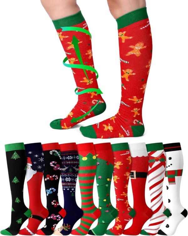 10 Pairs Funny Christmas Compression Socks for Women Men Holiday Gift for Nurses Running Travel Pregnancy