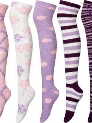 5 Pairs Women Thigh High Fuzzy Sock over Knee Long Stocking Christmas Coral Gift Warm Soft Winter