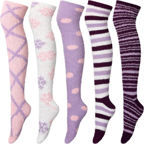 5 Pairs Women Thigh High Fuzzy Sock over Knee Long Stocking Christmas Coral Gift Warm Soft Winter