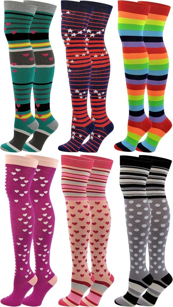 6 Pairs Pack Women Multi Neon Color Fancy Design Thigh High Over the Knee Socks Stockings