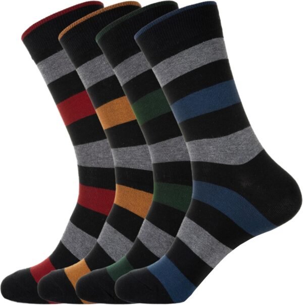 Men's Cotton Dress Crew Socks 4 Pack - Fun Colorful Striped Business Socks Gift for Men, Size 9-12