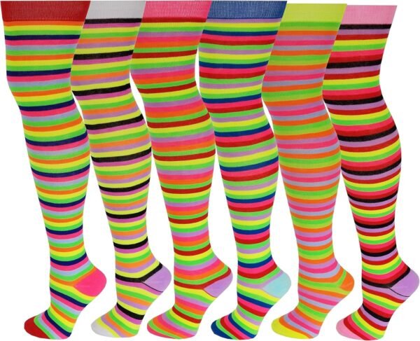 6 Pairs Pack Women Multi Neon Color Fancy Design Thigh High Over the Knee Socks Stockings