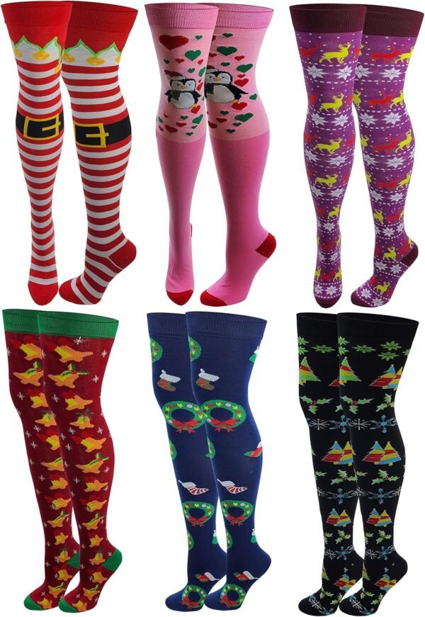 6 Pairs Pack Women Multi Neon Color Fancy Design Thigh High Over the Knee Socks Stockings