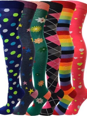 6 Pairs Pack Women Multi Neon Color Fancy Design Thigh High Over the Knee Socks Stockings