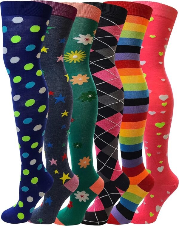 6 Pairs Pack Women Multi Neon Color Fancy Design Thigh High Over the Knee Socks Stockings