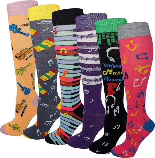 6 Pairs Women's Fancy Design Multi Colorful Patterned Knee High Socks