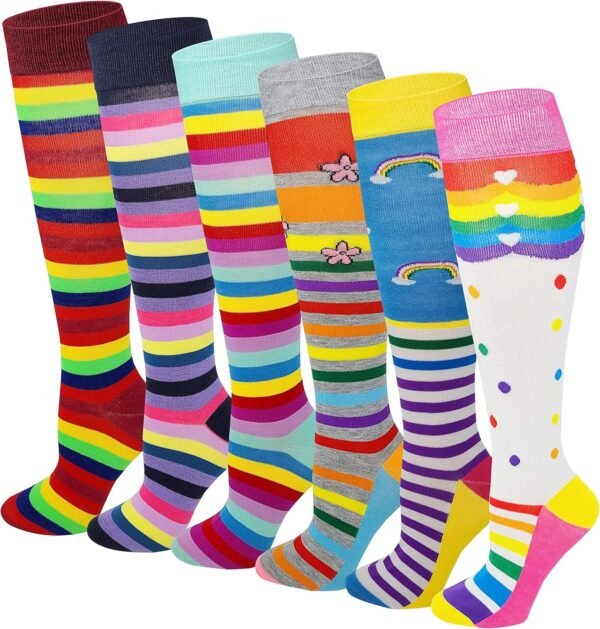 6 Pairs Women's Fancy Design Multi Colorful Patterned Knee High Socks